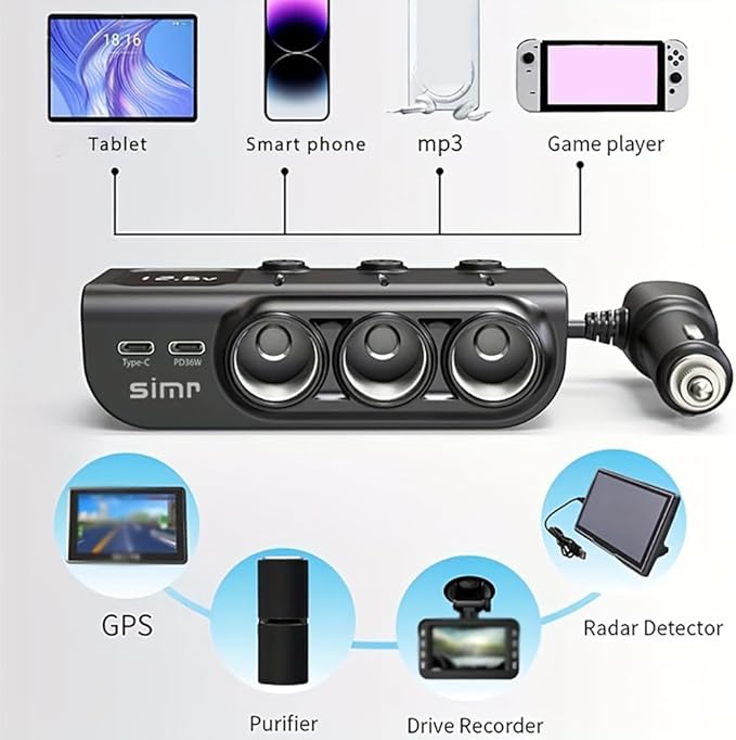 3 Socket Cigarette Lighter Splitter 3 USB+2 Type C Port Quick Car Charger Adapter with LED Voltage Display and on/Off Switch for iPhone Samsung