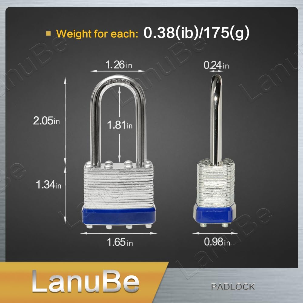 LanuBe Laminated Padlock 1-9/16 inch (40mm) Long Shackle 6 Pack Keyed Alike, Blue Plastic Hoop, Bulk Locks for Warehouse, School