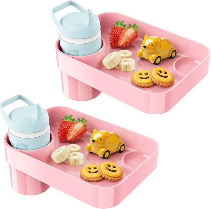 [2 Pack] Car Seat Snack Tray for Toddlers - 3 Inch Cup Holder Fits Most Sippy Cups & Straw Bottles with Dip Well, Mess-Free Square Kids Travel Tray Road Trip Essentials, Pink, 2