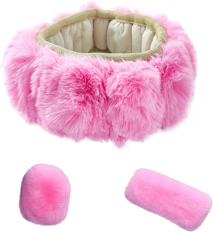 Fluffy Steering Wheel Cover, Winter Warm, Suitable for Most Car Steering Wheels in The 14-15 Inch Range (Pink, 3PCS)