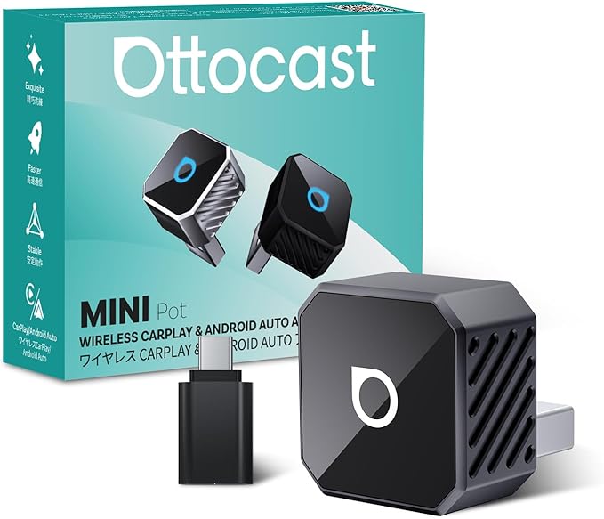 OTTOCAST Mini 3.0 Black 2-in-1 Wireless CarPlay & Android Auto Adapter – Plug & Play for iPhone/Android, Dual-Phone Memory, Dual-Band WiFi (2.4/5GHz), Auto-Reconnect