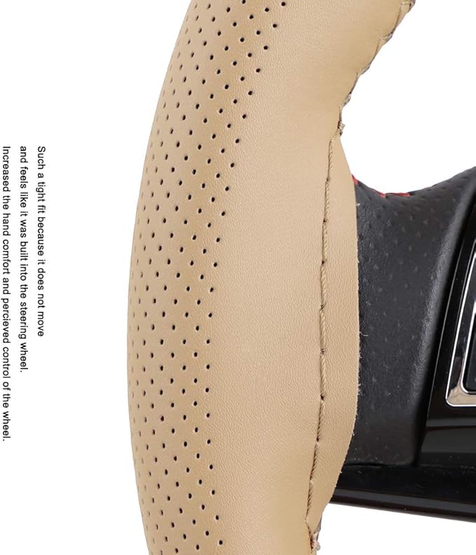 Elegant Beige Genuine Leather Car Steering Wheel Cover Men Business Style 15 Inch Fit Toyota Ford GM Accord Etc Most Cars