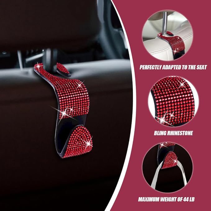 2 Pack Car Seat Headrest Hooks, Bling Car Organizer Hanger Storage Hooks for Bags, Clothes, Coats, Grocery Bags (Red)