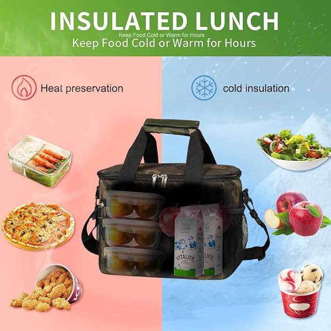 iknoe Insulated Lunch Bag, Foldable 8.5L Cooler Bag for Men & Women, Leakproof Thermal Design, Great for Office, Picnic, Travel, Lunch Box, Camo