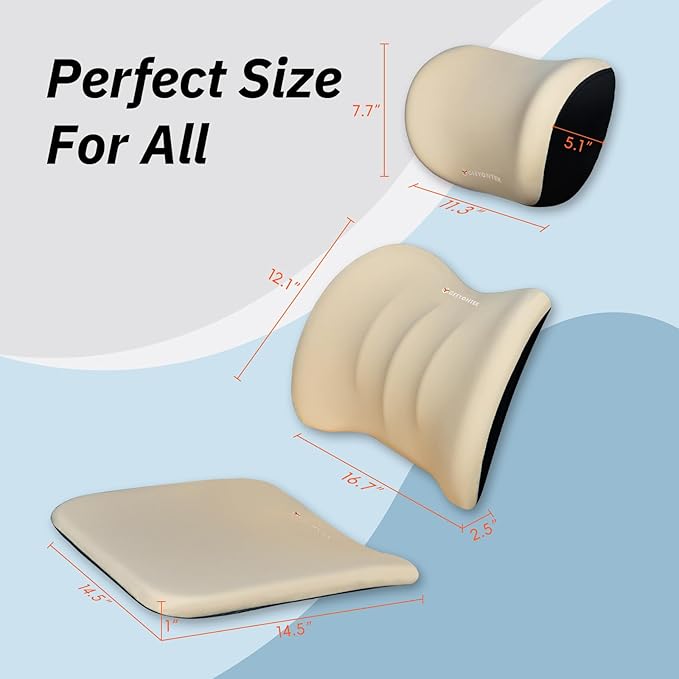 Car Seat Cushion with Neck Pillow & Lumbar Support Back Sciatica Tailbone Pain Relief Car Pillows Ergonomic Memory Foam Back Support for Driving Seat Office Chair Wheelchair 3 Pcs Beige