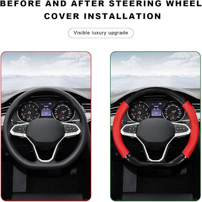 Car Breathable Steering Wheel Cover, Carbon Fiber Wear-Resistant D Shape Steering Wheel Protector for Comfy Grip, Universal Non-Slip Leather Wheel Sleeve for Most Car SUV Truck (Red)
