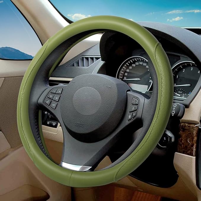 VARGTR Steering Wheel Cover - Microfiber Leather with Classic Embossing, Anti-Slip Breathable Fit 15 Inch Wheel Protector (Green)