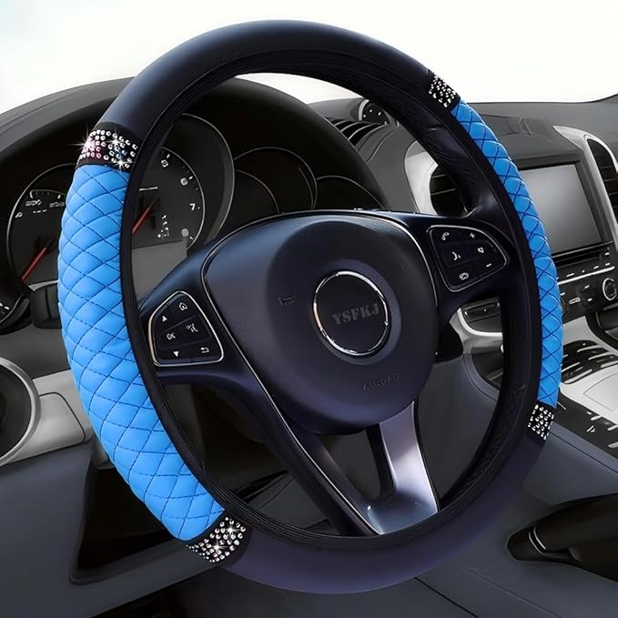 Soft Leather Car Steering Wheel Cover, Universal 15 Inch Colorful Rhinestones Anti-Slip Elastic Steering Wheel Covers for Most Cars, Sparkly Crystal Diamond for Women Girls (Blue)