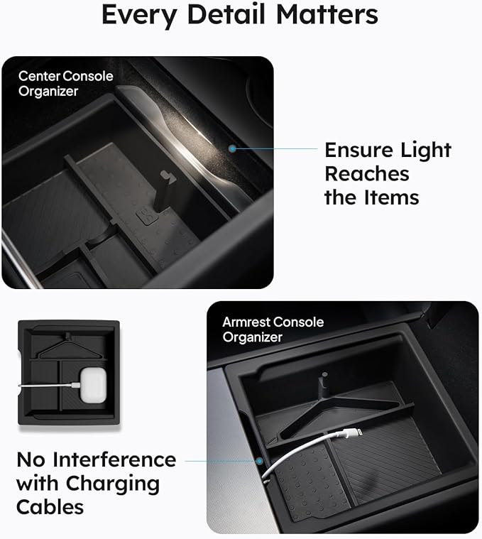 Wigoo Center Console Organizer for Tesla Model Y Juniper (Only Premium & Performance 2025 2026) and All Model 3 Highland Accessories [Double-Layer Storage, Smooth Sliding] 2PCS Black