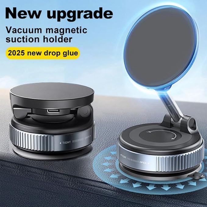 Magnetic Wireless Car Charger Mount with Vacuum Suction – 360° Adjustable & Foldable Dashboard/Windshield Phone Holder – MagSafe Compatible for iPhone & Samsung