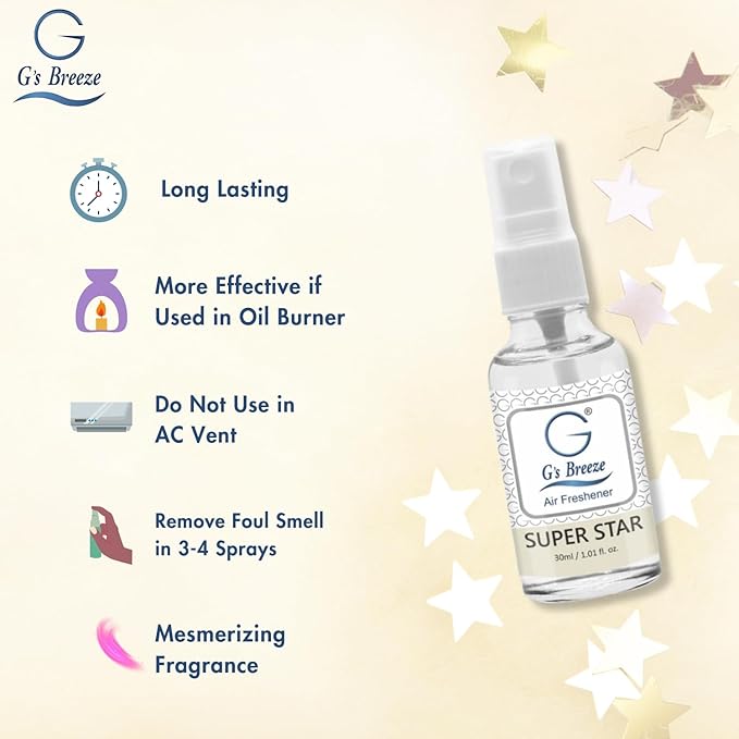 G's Breeze Super Star Air Freshener - Essence of Star-Studded Glamor - Transform Any Space with Vibrant Energy and Invigorating Fragrance – Ideal for Home, Car & Office – Long-Lasting Freshness Aroma