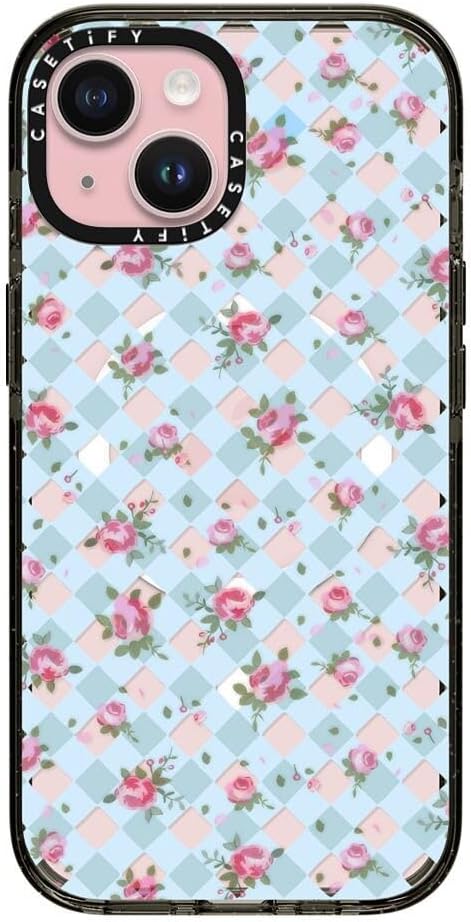 CASETiFY Impact Case for iPhone 15 [8.2ft 4X Military Grade Drop Protection/Compatible with Magsafe] - Floral Gingham - Blue - Clear Black