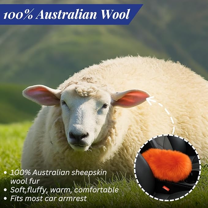 Andalus Brands Pure Australian Sheepskin Fluffy Car Center Console Cover, Luxurious Non-Shedding Furry Arm Rest Cover for Car, Versatile for All Seasons, Orange - (11.47" X 6.3")