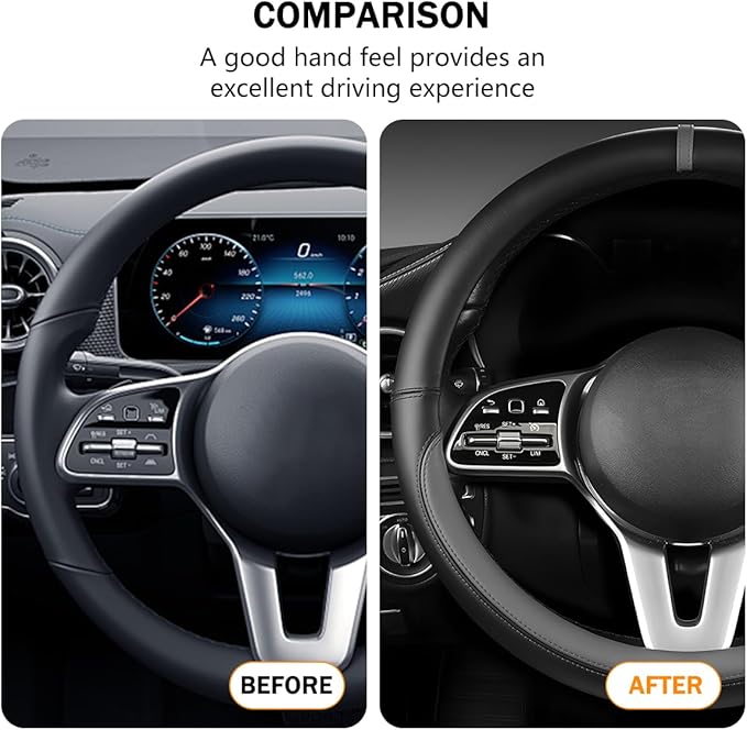Car Steering Wheel Cover, 15 Inch Leather Anti-Slip Breathable Vehicle Steering Wheel Protector, Automotive Interior Protection Accessories, Universal for SUV Sedan Truck (Black/Gray)