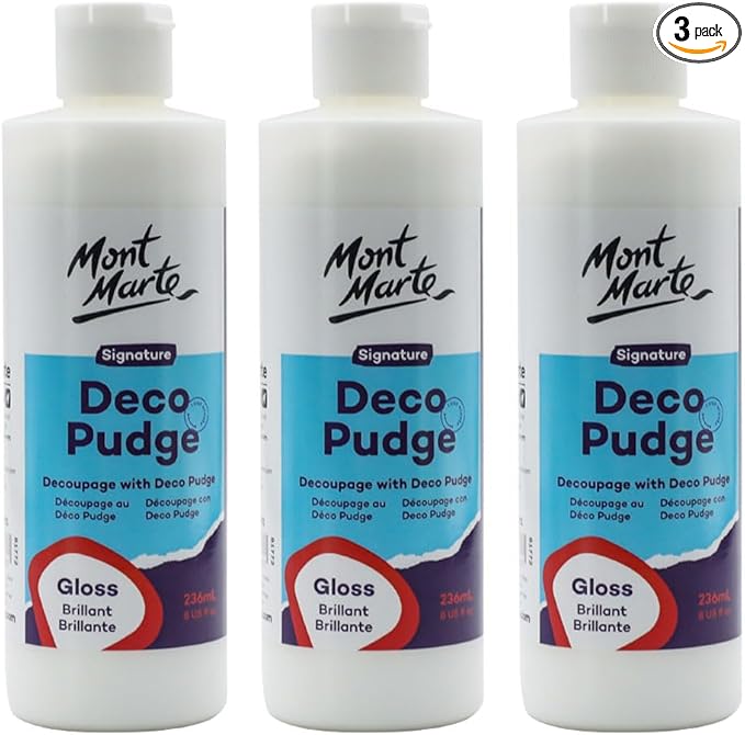 Mont Marte Deco Pudge Craft Varnish Signature 236ml (8 US fl.oz) 3PACK- Gloss, Multi-Purpose Clear Craft Sealer, Varnish, Decoupage Glue, Ideal for Acrylic Paints, Paper, Wood, Ceramics, Fabrics, Clay
