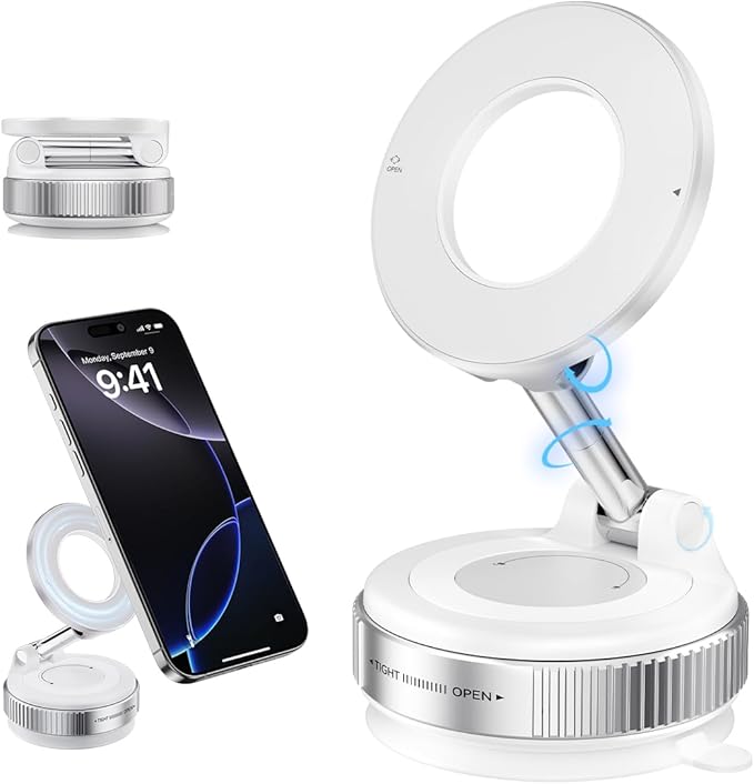 Vacuum Suction Magnetic Phone Holder, Strong Suction Magnetic Car Phone Holder Mount Foldable Phone Stand for iPhone16/15/14/13/12, Mirror/Glass/Screen(Not Charge Phone)