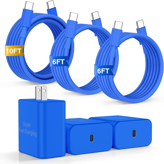 iPhone 17 16 Pro Max Charger Fast Charging, Super Fast USB C Chargers for iPhone 17(6FT+6FT+10FT) Type C Chargers Cord with Fast Charger Block for iPhone 17/16/15 Series/iPad/ GalaxyS26/S25/S24 Blue