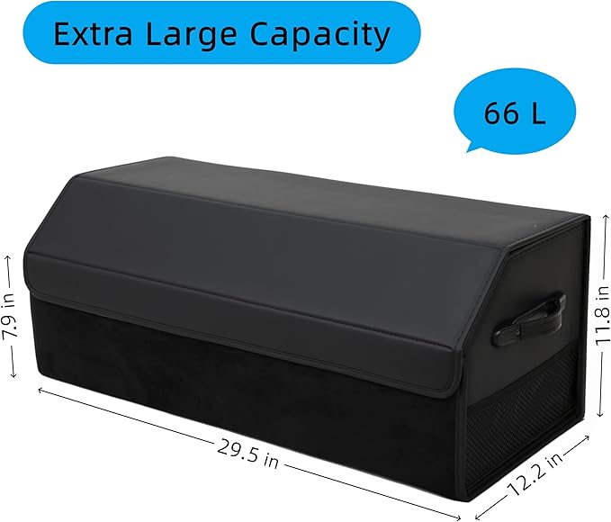 Car Organizers for Trunk for Suv Sedan, Leather Storage Box,Extra Large,Magnetic Lid,Collapsible and Adjustable, Collapsible Suede velvet， Black