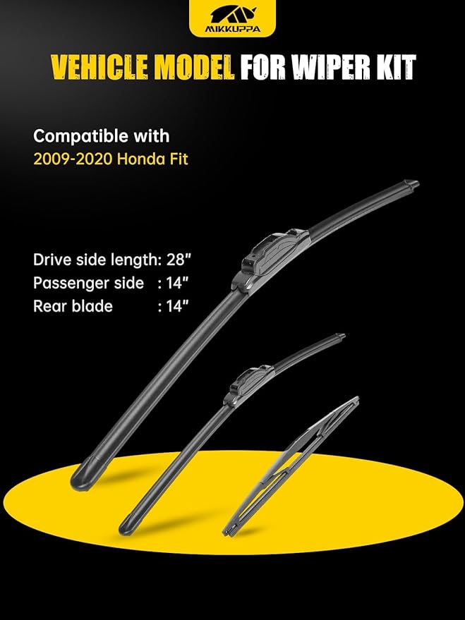 MIKKUPPA 28"+14"+14" Windshield Wipers Blades Replacement for 2009-2020 Honda Fit, U/J HOOK Front & Rear All Season Wiper Blades Set(Pack of 3)