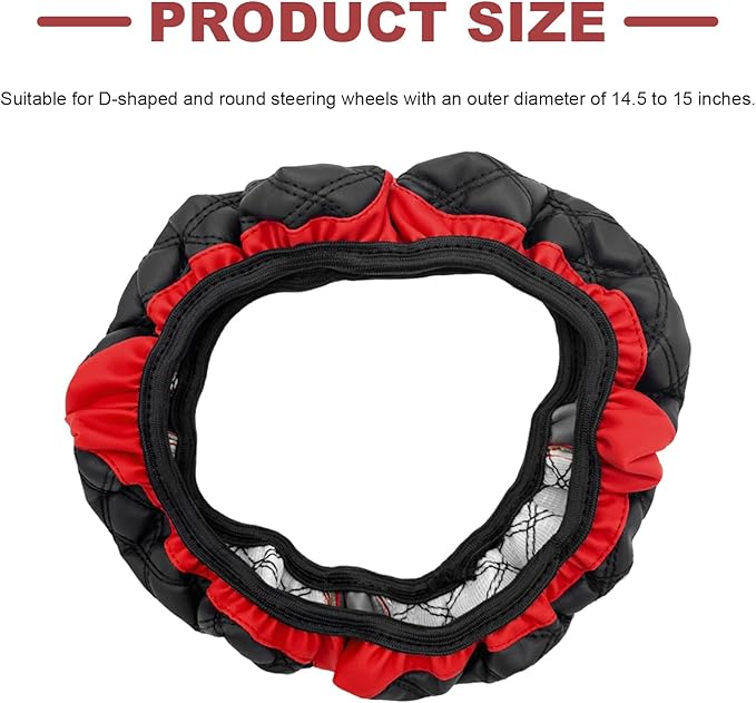 Car Steering Wheel Cover, 15 Inch Elastic Comfortable Auto Steering Wheel Protector, Anti-Slip Leather Wheel Cover Fashionable Interior Accessories for Most Cars Trucks SUVs (Black & Red)