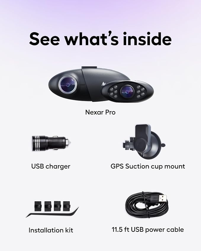 Nexar Pro Dual Dash Cam - 1 Year App Subscription Included - Unlimited Cloud Storage, Drive Recordings, Parking Mode, Night Vision, All Inside The Nexar App - WiFi HD Front Dash Cam (256 GB SD)