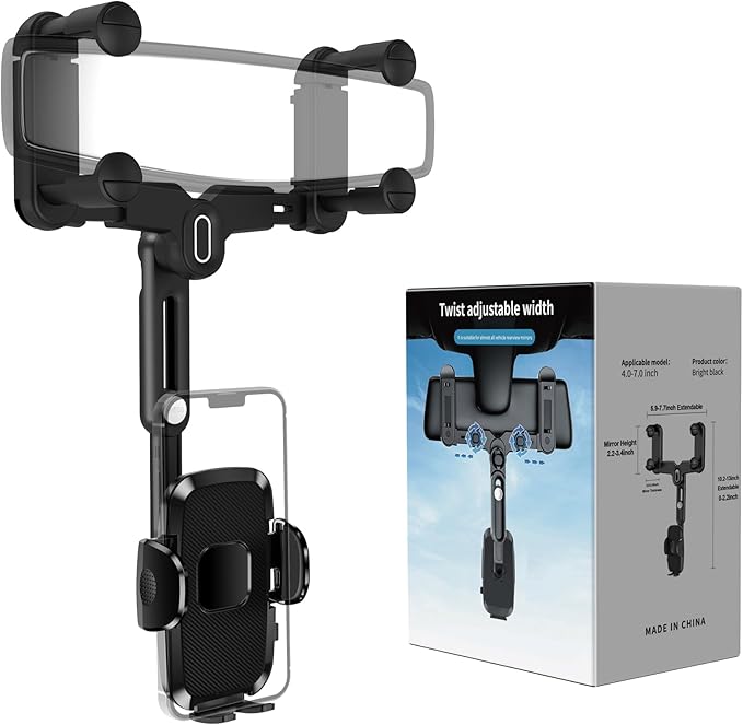 Car Phone Holder Mount, Rear View Mirror Phone Holder, Rotatable and Retractable Phone Holders for Your Car Compatible with iPhone Samsung All 4-7 Inch Cell Phones