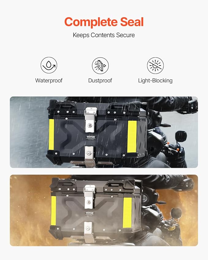 VEVOR Motorcycle Top Case 65L, Universal Aluminum Alloy Motorbike Tail Box with Leather Lining, Waterproof Detachable Motorcycle Top Box with Lock & Back Cushion, Fit for 99% of Motorcycle Frames