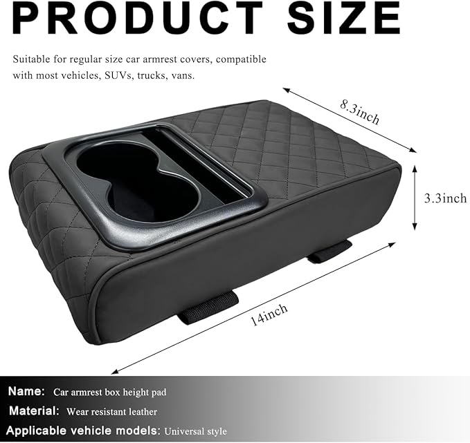 Car Center Console Armrest Pillow, 14"×8.3" Waterproof Leather Armrest Box Cover with Cup and Phone Holder, Soft Memory Foam Arm Rest Console Pad Protector for SUV Truck (Black, Embroidery)
