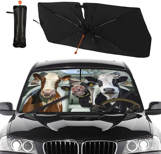 Socira Cow Car Windshield Sunshade Umbrella Foldable Cattle Umbrella Driver Sun Shade Windshield Cover Funny Sunshade Cow Car Accessories Blocks Uv Rays Keeps Cool (57" X 30")