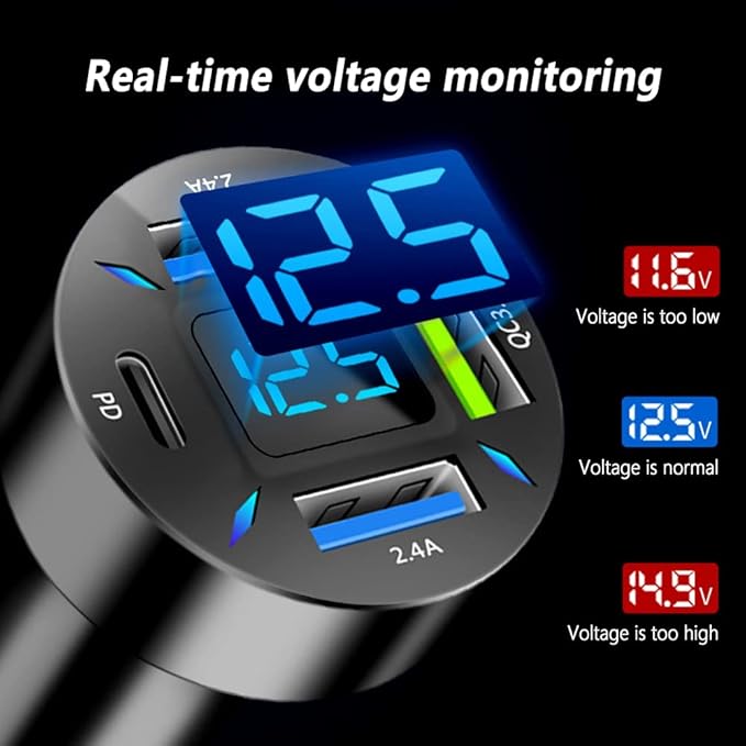 4 Ports USB Car Charger USB Adapter with Voltmeter,Type C Port PD 3.1/QC 3.0 Super Fast Charging Car Cigarette Lighter Plug for iPhone 14 13 12,S22 S21 S20,iPad Pro& More Mobil Phone (Black)