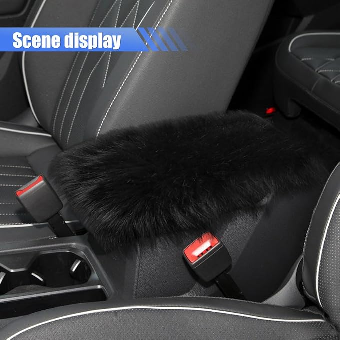 Auto Center Console Cover Pad, 11.81"x 7.87" Warm & Furry Winter Car Armrest Cover, Soft Faux Sheepskin Wool Car Armrest Seat Box Protector Cushion, Universal Interior Accessory (Black)