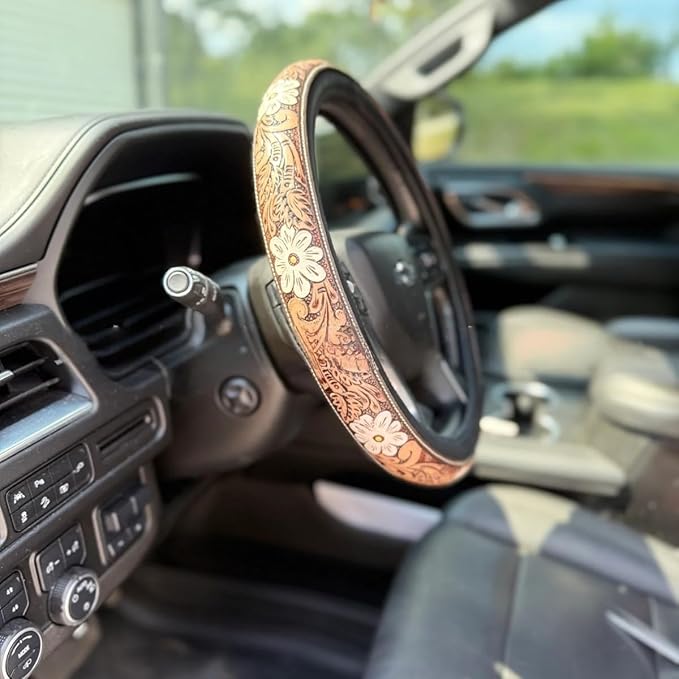Western Steering Wheel Cover,Retro Western Cowboy Car Universal Steering Wheel Cover,Embossed Hand-Painted Leather Western Car Accessories, for Women Man, Anti-Slip Design Easy to Install (E)