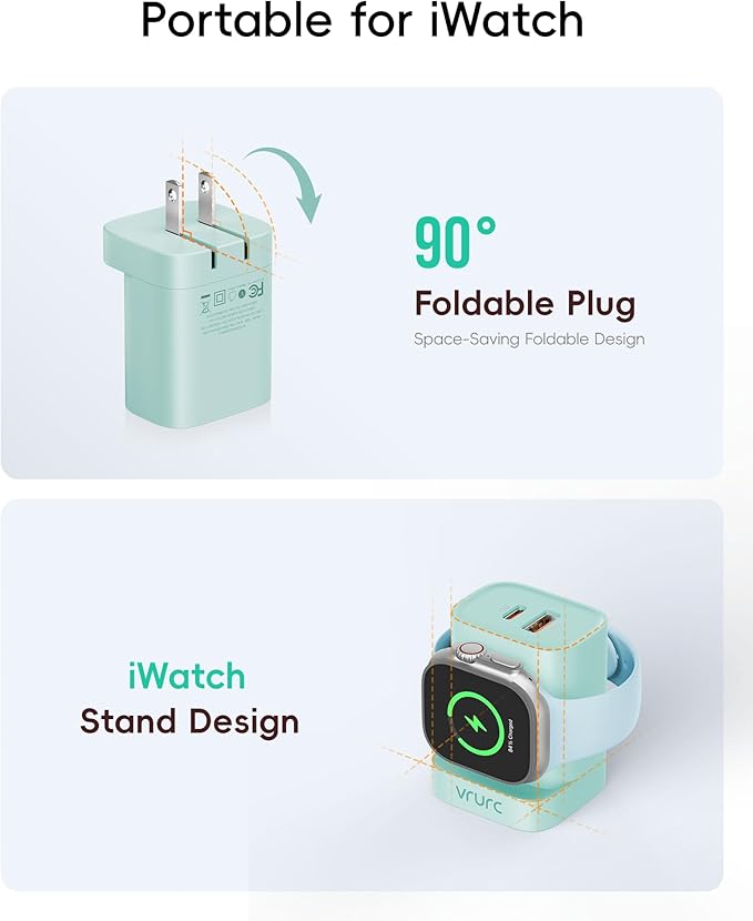 VRURC Charger for Apple Watch, Built-in Wireless Magnetic Charging Station for iWatch SE/11/10/9/8/7/6/5/4, PD 20W USB C Charging Block, Folable Wall Charger Fast for iPhone 17/16/15/14/13-Green