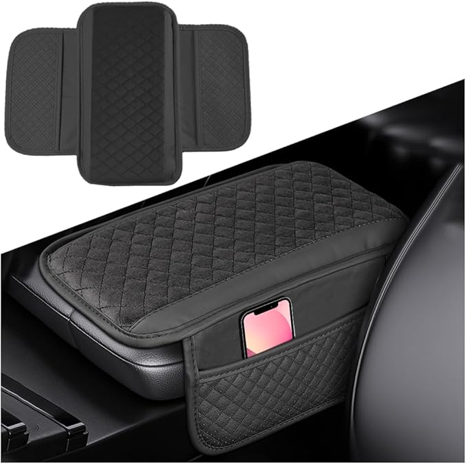 Car Center Console Cover, Leather Vehicle Armrest Cushion Pad with 2 Storage Bags, Auto Interior Middle Console Storage Box Protector Accessories, Universal for SUV, Sedan, Truck (Black)