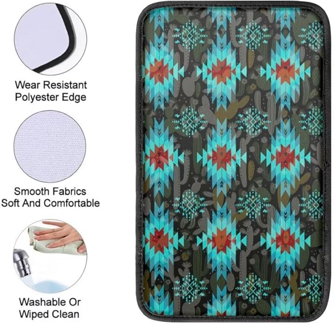 Coldinair Native Aztec Car Armrest Cover,Car Center Console Pad,Soft Seat Box Cover Protector Cushion,Car Accessories Decor for Most Cars,Sedan,Truck,SUV,Aqua