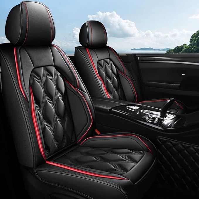 AOMSAZTO Front Seat Covers Fit for Hyundai Santa Cruz 2022-2026 Waterproof Faux Leather Car Seat Cover Compatible with Airbag(2PCS Front, Black&Redline)