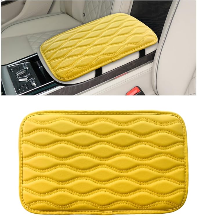 Car Center Console Cushion Pad, 12.48×7.40 Inches Waterproof Car Armrest Seat Box Cover, Comfortable PU Leather Vehicle Armrest Cover Protector, Car Decor Interior Accessories (Yellow)