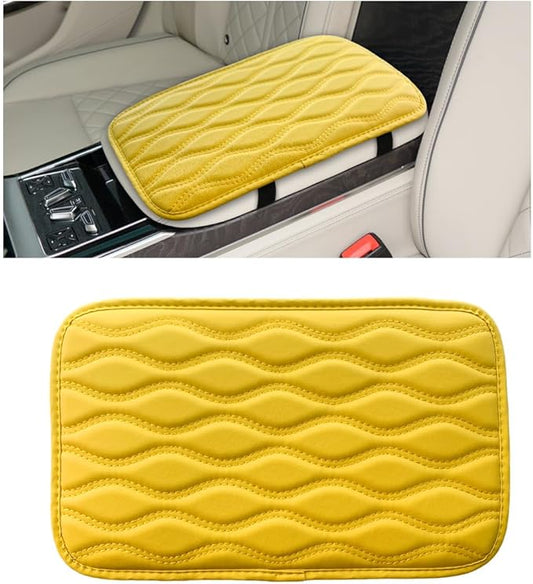 Car Center Console Cushion Pad, 12.48×7.40 Inches Waterproof Car Armrest Seat Box Cover, Comfortable PU Leather Vehicle Armrest Cover Protector, Car Decor Interior Accessories (Yellow)