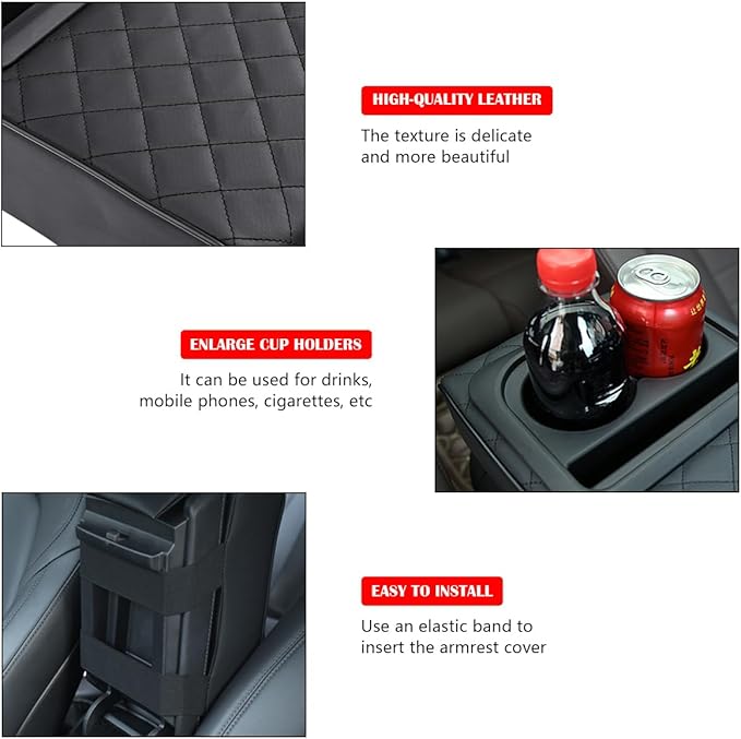 Car Center Console Armrest Pillow with Cup Holder, Leather Middle Console Protection Cushion with Phone Holder, Memory Foam Auto Arm Rest Box Cover, Universal Vehicle Accessories (Textures)