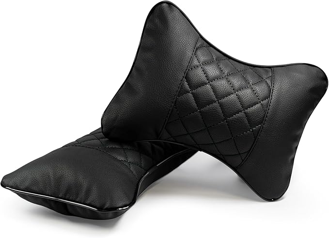 Set of 2 Quilted Faux Leather Car Headrest Pillow, Black Case/Black Threading, Ergonomic Neck Support for Comfortable Driving