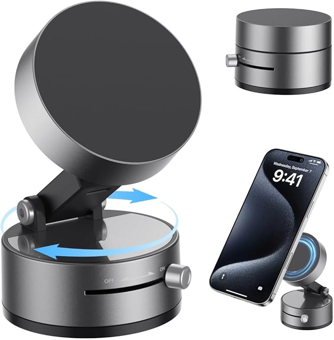 Vacuum Magnetic Suction Phone Holder,Upgraded 360° Adjustable Suction Cup Car Phone Mount,Hands-Free Cell Phone Holder for Car/Gym/Mirror/Smooth Surface,Compatible with iPhone 16/15/14/13/12 Series