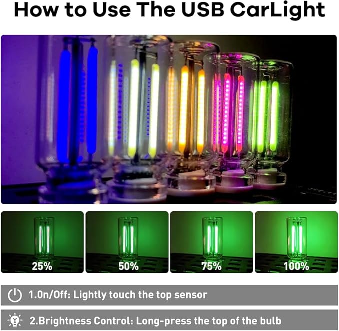 2Pcs Car USB Night Light, Touch Adjustment LED Ambient Lighting Plug in USB Automotive Night Lamps, Mini LED Bulb for Car, Camping, Holiday, Decoration, Bedroom, Party(Green)