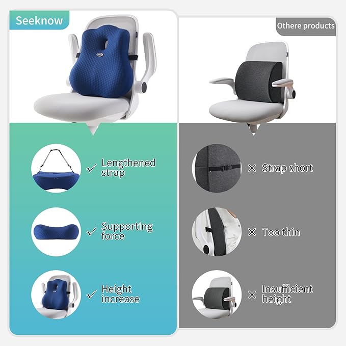 seeknow Lumbar Support for Chair Back Support for Couch Lumbar for Car Office Chair Back Cushion for Lower Back Pain Memory Foam Back Rest for Desk Chair, Recliner, Car Seats