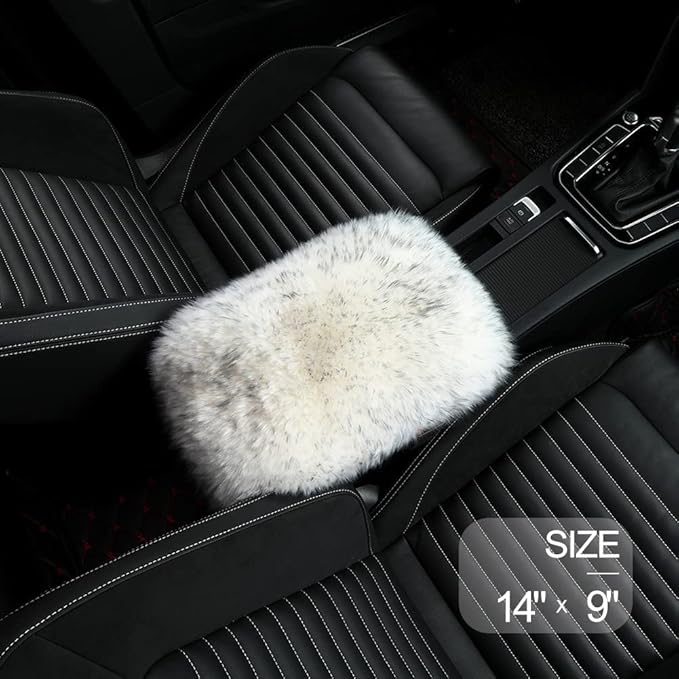 LLB Auto Center Console Cover Pad Universal Fit for SUV/Truck/Car, Genuine Sheepskin Wool Fur Car Armrest Seat Box Cover, Furry Fluffy Auto Armrest Cover Protector (White Gray)