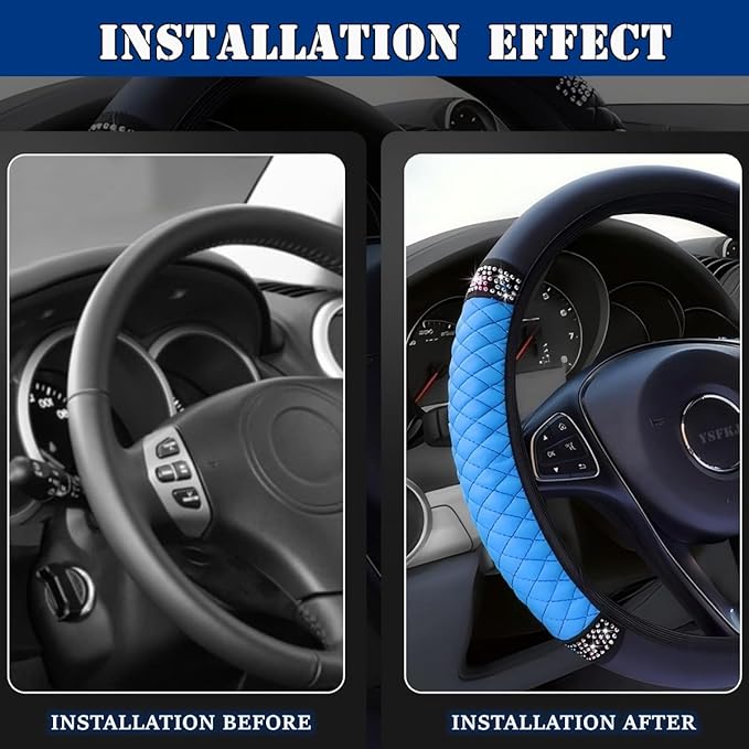 Soft Leather Car Steering Wheel Cover, Universal 15 Inch Colorful Rhinestones Anti-Slip Elastic Steering Wheel Covers for Most Cars, Sparkly Crystal Diamond for Women Girls (Blue)