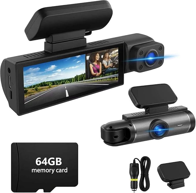 64GB Dash Cam Front and Rear for Cars with Night Vision, 1080P Dual Lens Dash Camera Inside and Outside, 24H Parking Monitor, Motion Detection, Loop Recording, Car Camera with Audio