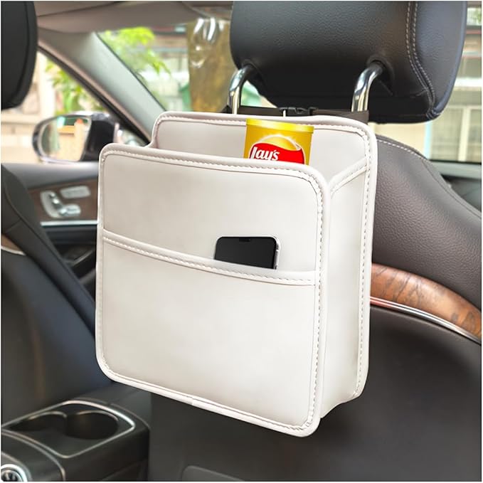 Zpana Car Seat Back Organizer, Leather Multipurpose Hanging Vehicle Backseat Headrest Storage Bag, Automotive Pouch Pocket Organizer for Kids & Adults, Universal for Truck SUV Sedan (White)