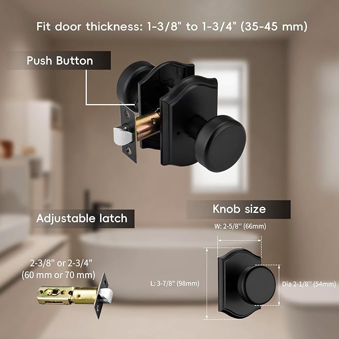 6 Pack Pismo Doorknobs with Lock for Bath & Bedroom, Black Interior Door Knobs with Camelot Trim