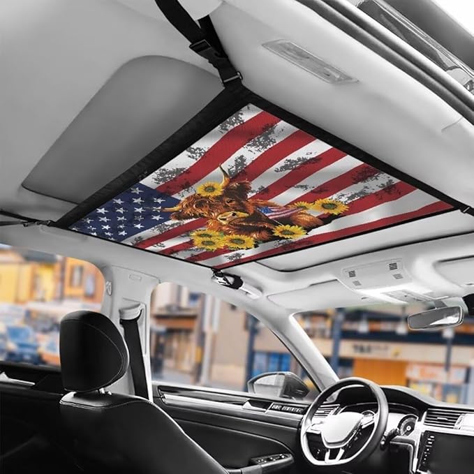 Cow USA Flag Car Roof Storage Bag Car Roof Seat Organizer Premium Car Seat Organizer One-Size-Fits Car Travel Accessories