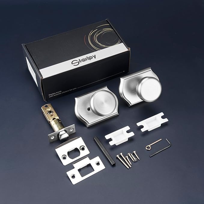 Interior Pismo Doorknobs for Bath & Bedroom, Brushed Nickel Door Knobs with Camelot Trim, Heavy Duty Door Knob with Lock
